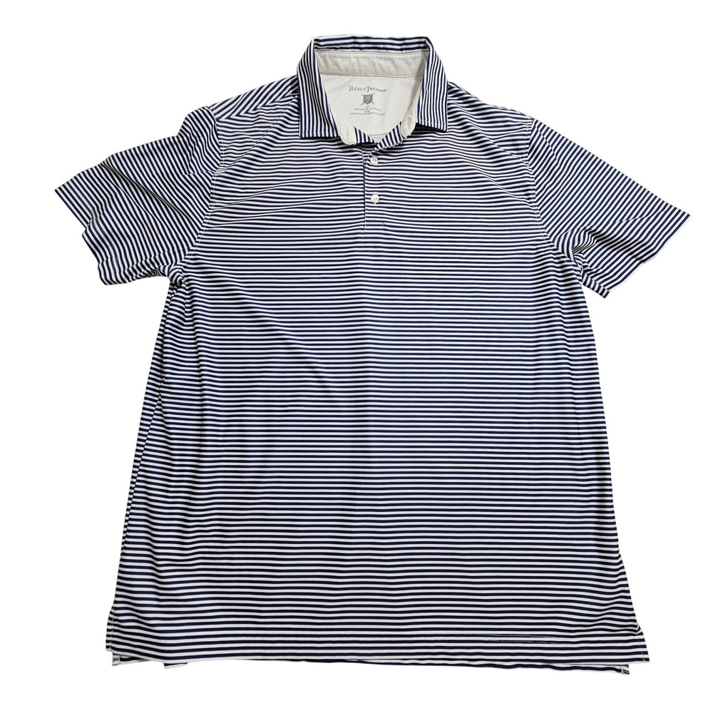 Hickey Freeman Golf Polo Shirt Mens Large Navy Blue White Striped Stretch